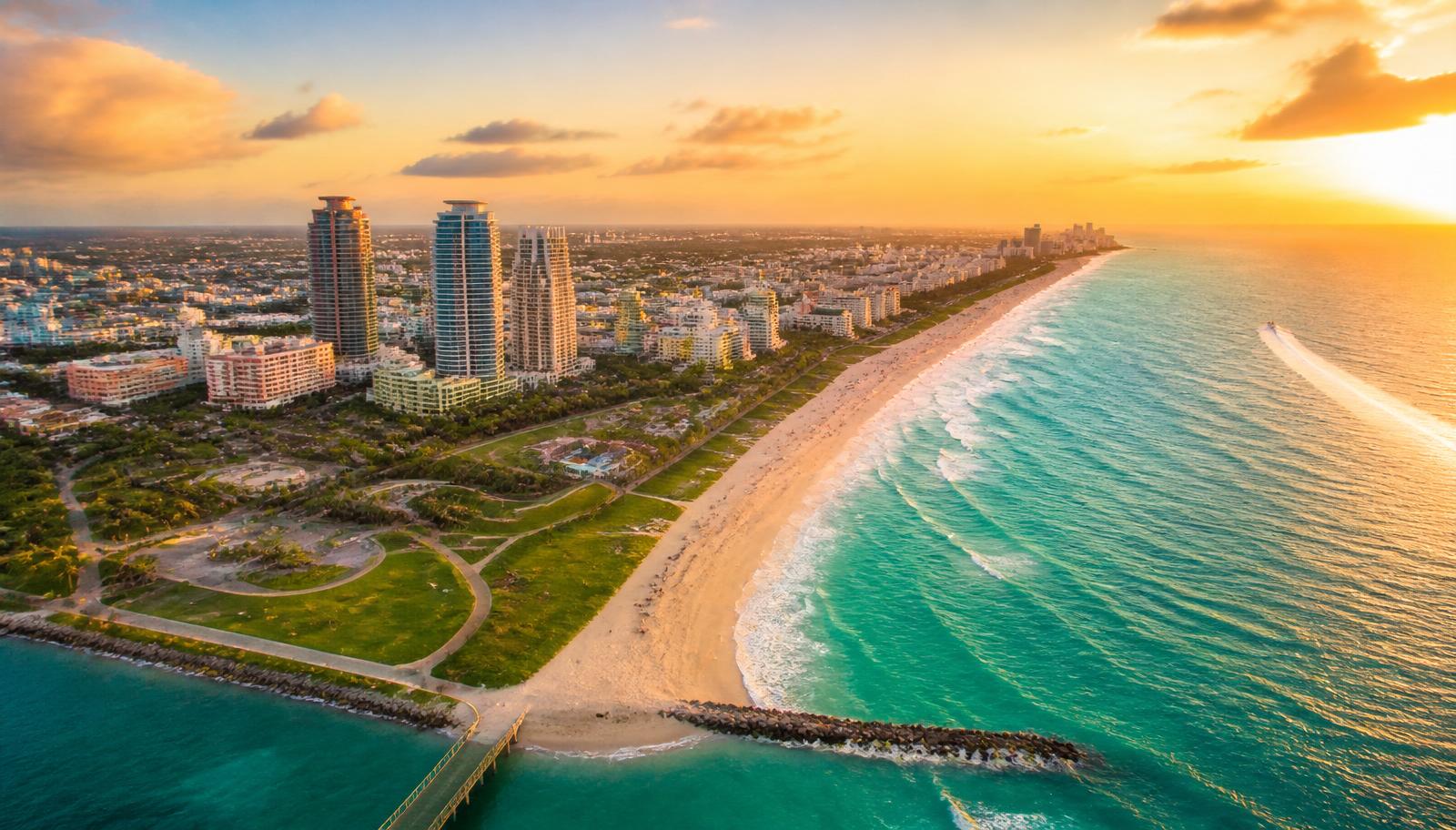 Florida coastal city skyline at golden hour