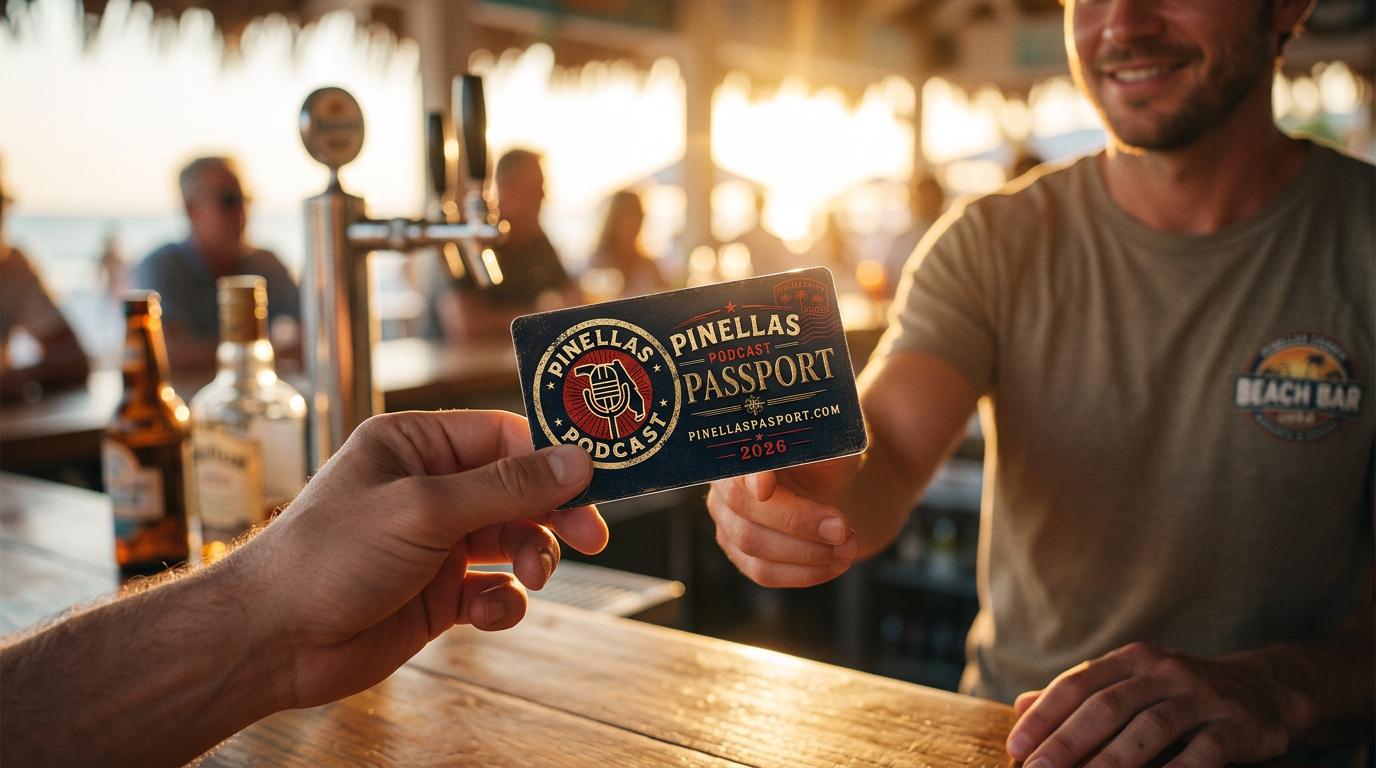 Handing the Pinellas Passport card to a bartender at a beach bar