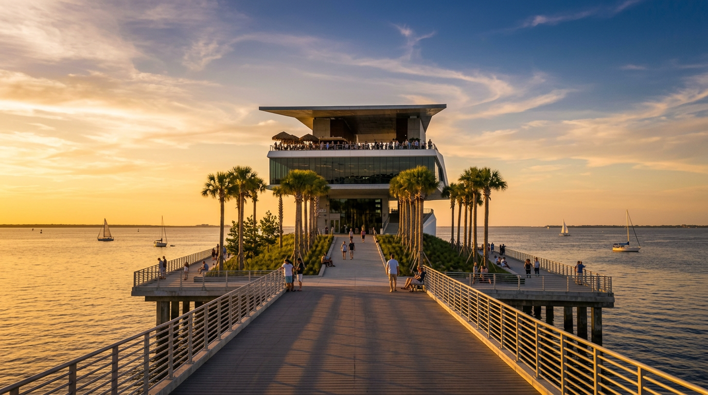 People relaxing at golden hour on the downtown St. Pete Pier