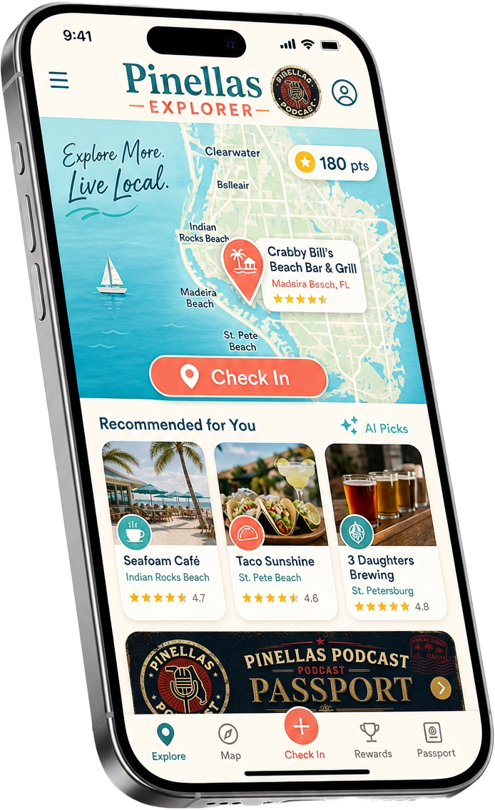 The Pinellas Explorer app on a phone showing a map check-in, AI-recommended local spots, points, and the Passport Card 10% off badge