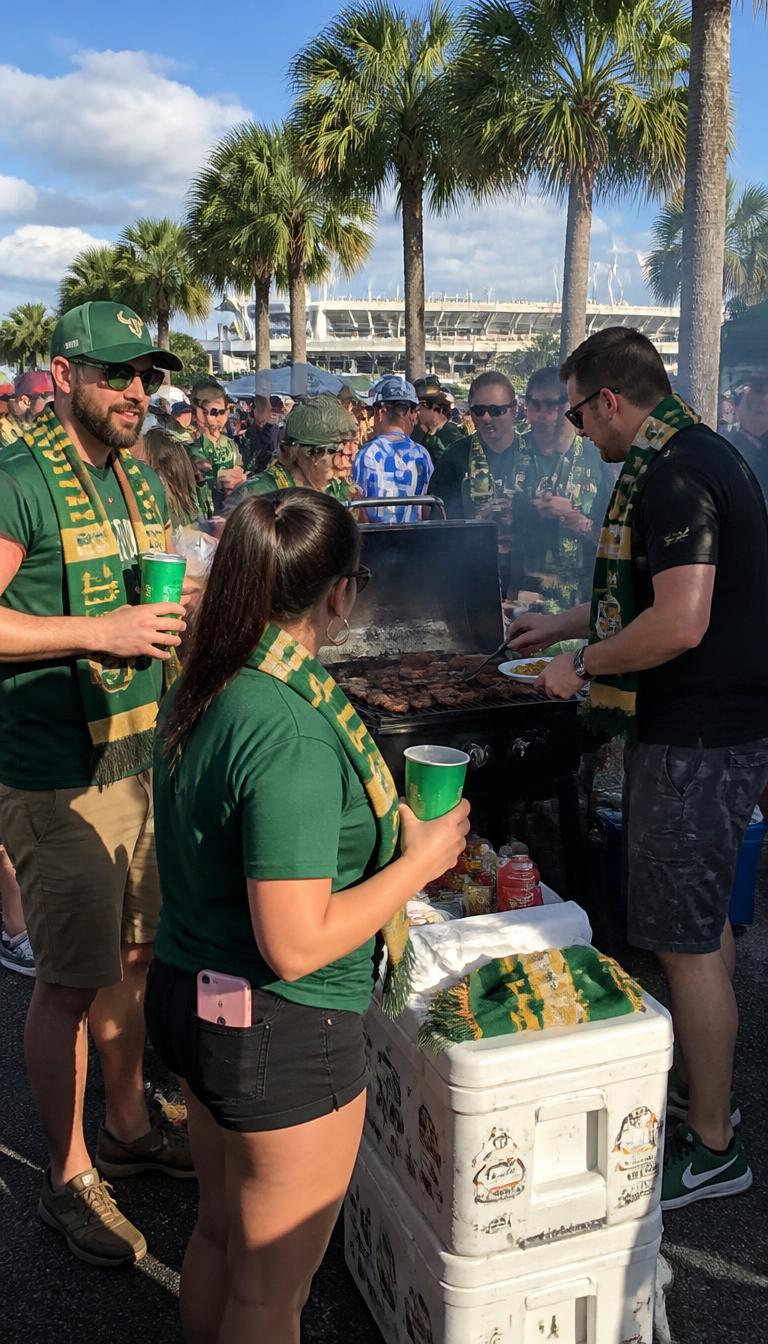 Scarves up, grill on — Al Lang lot two hours early #RowdiesTailgate #GreenAndGold